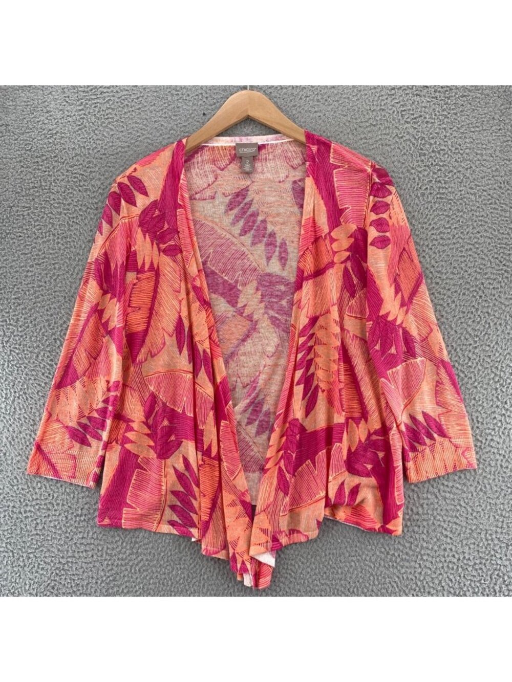 Chicos Sweater Womens 2 US Large Coral Palm Party Yelena Ramie Blend 3/4 Sleeves